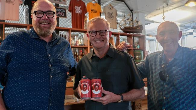 Anthony Albanese with a pack of The Albo pale ale from Willie the Boatman.