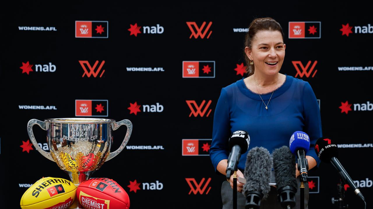 MELBOURNE, AUSTRALIA - NOVEMBER 06: Emma Moore, General Manager of AFLW speaks to the media during the 2024 NAB AFLW Finals Series Launch Media Opportunity at Metart World on November 06, 2024 in Melbourne, Australia. (Photo by Dylan Burns/AFL Photos via Getty Images)