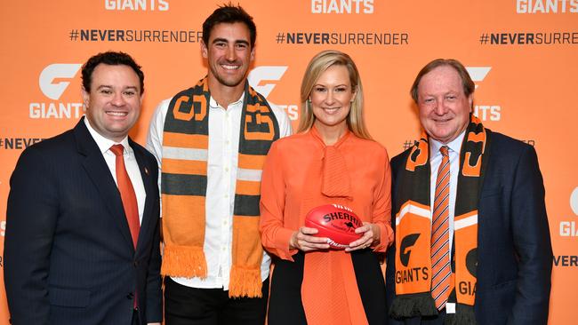 NSW Minister for Western Sydney Stuart Ayres, cricketer Mitchell Starc, Giants Board Member Melissa Doyle and former head coach Kevin Sheedy in 2019.