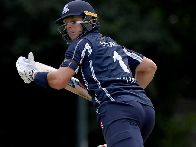 CarltonÃs Evan Gulbis and RichmondÃs Marcus Edwards during the Premier Cricket: Carlton v Richmond match in Carlton North, Saturday, Jan. 16, 2021. Picture: Andy Brownbill