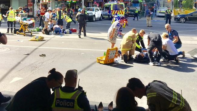 The scene at Flinders St after several pedestrians were run over. Picture: Sophie Smith.