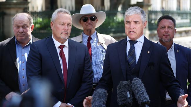 Bob Katter, centre, the federal member for Kennedy, and Katter’s Australian Party’ Queensland state MPs Shane Knuth, Robbie Katter and Nick Dametto, with Former One Nation-turned Independent member for Mirani Stephen Andrew (second left) who has joined KAP ahead of next month’s elections. Picture: Nigel Hallett