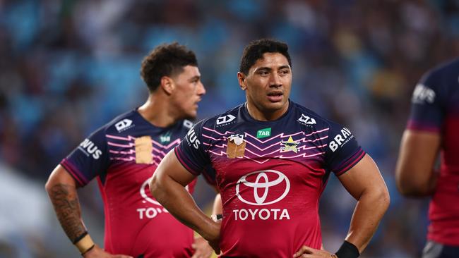 GOLD COAST, AUSTRALIA - JULY 30: Jason Taumalolo of the Cowboys looks on during the round 22 NRL match between Gold Coast Titans and North Queensland Cowboys at Cbus Super Stadium on July 30, 2023 in Gold Coast, Australia. (Photo by Chris Hyde/Getty Images)