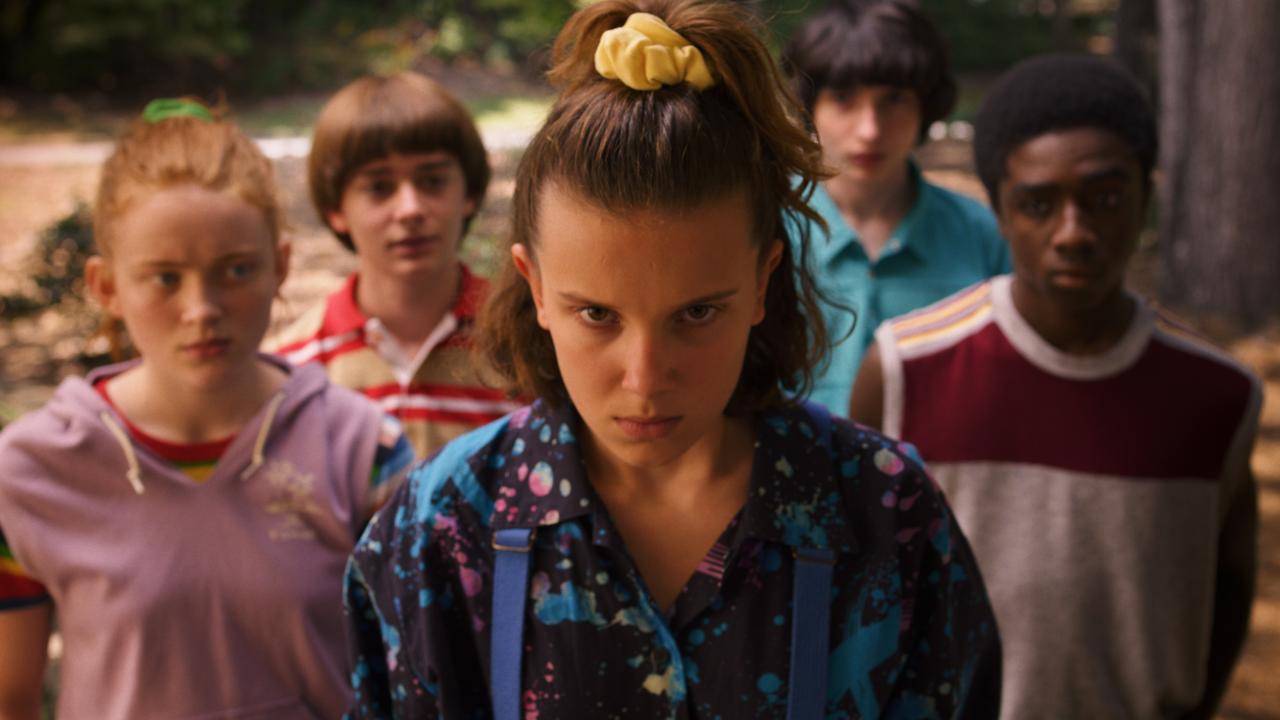 Sadie Sink, Noah Schnapp, Millie Bobby Brown, Finn Wolfhard and Caleb McLaughlin in Stranger Things. Picture: Netflix.