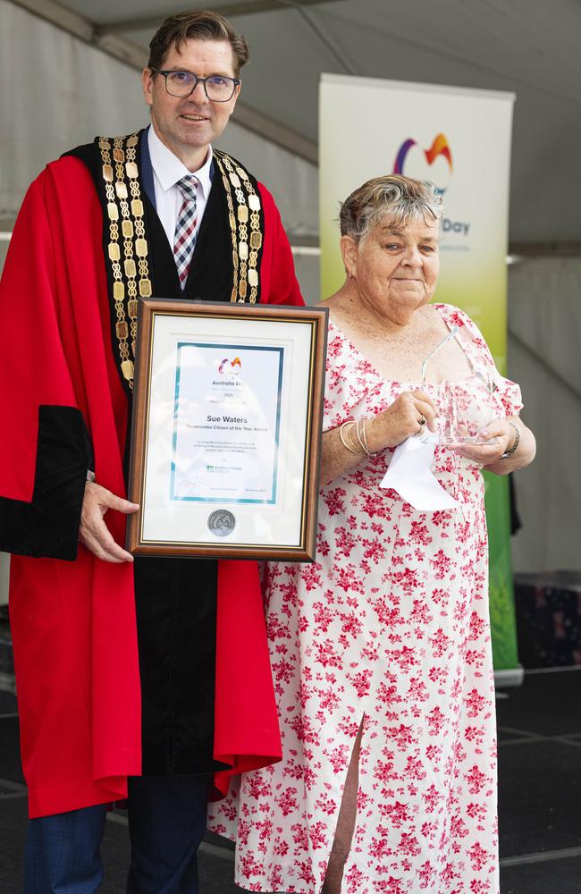 Sue Waters is named Toowoomba Citizen of the Year, pictured with Toowoomba Mayor Geoff McDonald, at the Toowoomba Australia Day celebrations at Picnic Point, Sunday, January 26, 2025. Picture: Kevin Farmer