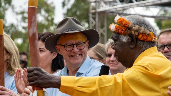 GARMA opening ceremony this evening. Gumatj clan dancers perform bunggul (ceremonial dance) for the PM Anthony Albanese, before presenting him with a Bathi. Picture: Nina Franova