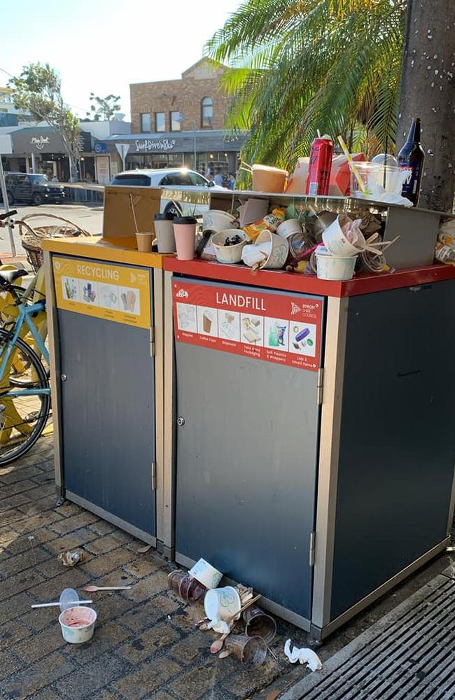 An overflowing bin on Byron’s main drag Lawson St. Picture: Facebook