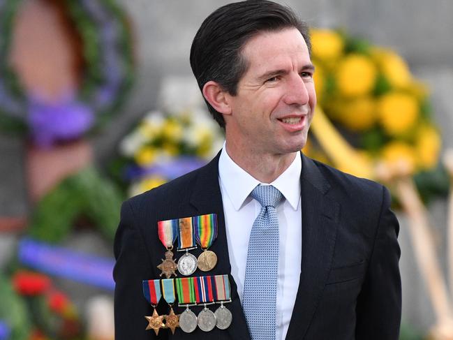 Senator Simon Birmingham is seen during the Anzac Day Dawn Service at the National War Memorial in Adelaide, Saturday, April 25, 2020. Anzac Day is a national day of remembrance to commemorate the service and sacrifice of Australian and New Zealand service men and women. Due to COVID-19 restrictions marches and commemorative services have been banned for the first time in more than a century. (AAP Image/David Mariuz) NO ARCHIVING