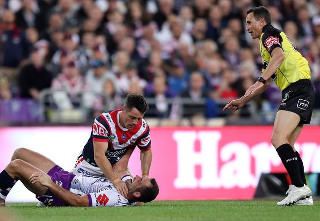 Cooper Cronk and Cameron Smith during the 2018 NRL grand final. Picture: Brett Costello