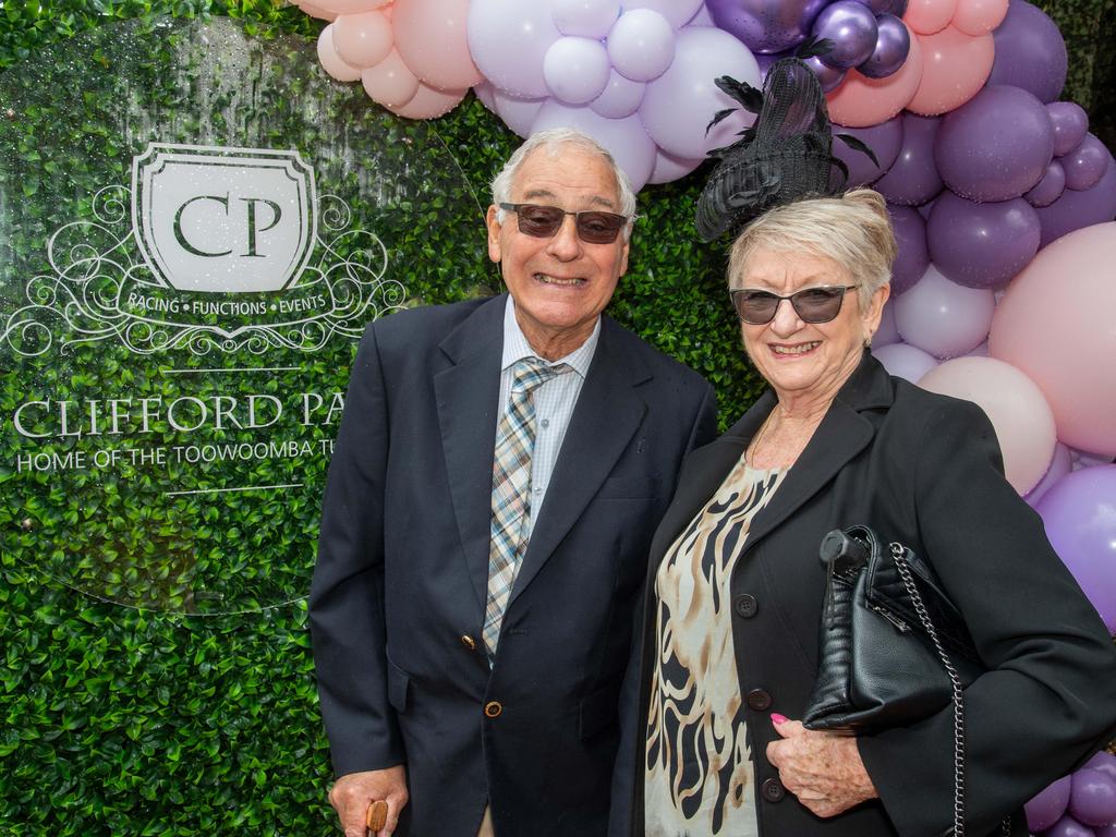 (From left) Steve Neylon and Lynn Coleman. Weetwood Raceday at Toowoomba Turf Club. Saturday, September 28, 2024. Picture: Nev Madsen.