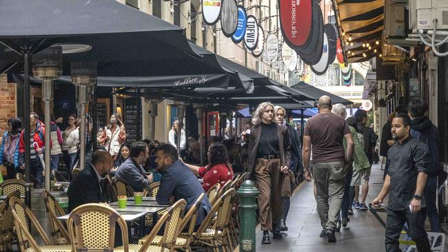 Popular dining precincts such as Degraves St are starting to get more people back. Picture: David Geraghty