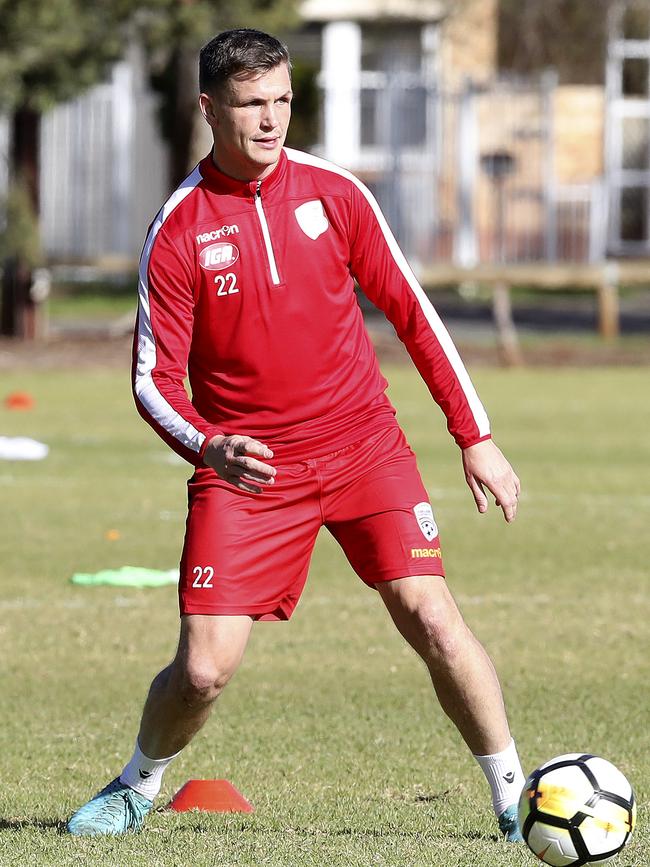 Adelaide United defender Michael Jakobsen during a training session at Elizabeth. Picture: Sarah Reed