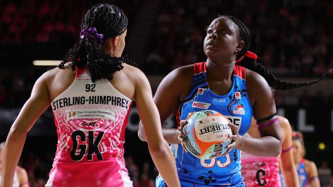 Sam Wallace-Joseph of the NSW Swifts during the round seven Super Netball match between Adelaide Thunderbirds and NSW Swifts at Adelaide Entertainment Centre, on May 25, 2024, in Adelaide, Australia. (Photo by Sarah Reed/Getty Images)