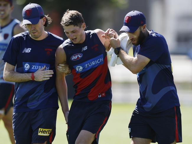 NCA. MELBOURNE, AUSTRALIA. 12th February, 2025. Melbourne training at Gosche Paddock. Judd McVee of the Demons after tearing his right hamstring kicking the ball on the run during training today. Picture: Michael Klein