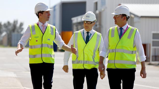 Finance Minister Simon Birmingham (left) and Premier Steven Marshall (right) arrive at a press conference at ASC after the joint Australia, USA and British nuclear submarine agreement. Picture Kelly Barnes