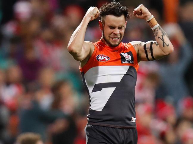 SYDNEY, AUSTRALIA - SEPTEMBER 08: Zac Williams of the Giants celebrates as the final siren sounds during the 2018 AFL Second Elimination Final match between the Sydney Swans and the GWS Giants at the Sydney Cricket Ground on September 08, 2018 in Sydney, Australia. (Photo by Michael Willson/AFL Media/Getty Images)