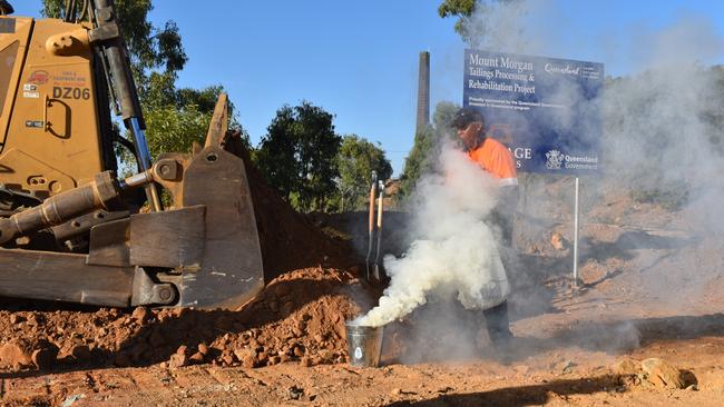 Smoking ceremony conducted by "Flip" at the Heritage Minerals early works site at the Mount Morgan Mine on July 28, 2023.