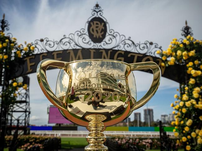 MELBOURNE, AUSTRALIA - OCTOBER 27: The Melbourne Cup trophy is seen during the Melbourne Cup Carnival launch at Flemington Racecourse on October 27, 2020 in Melbourne, Australia. (Photo by Darrian Traynor/Getty Images)