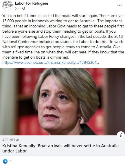 A post from the group Labor for Refugees claiming an Albanese government would restart the boats.