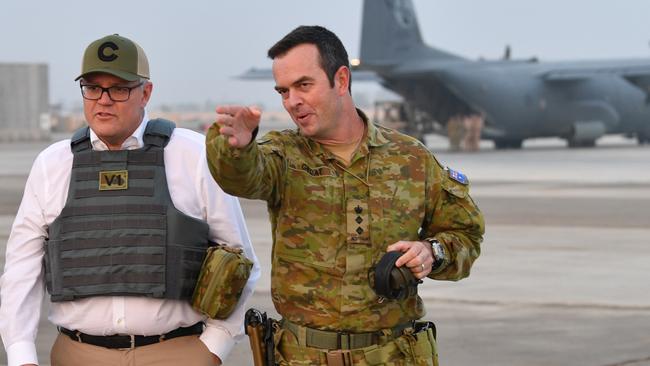 Scott Morrison with Colonel Jason Groat at Task Group Taji at Taji Military Complex. Picture: AAP. 