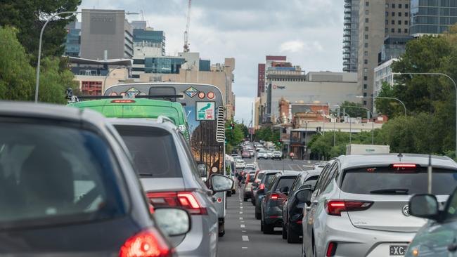 Bumper-to-bumper traffic on Rundle Rd due to road closures for a recent Adelaide 500. Picture: Ben Clark