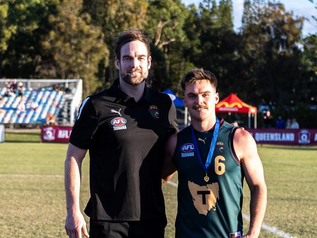 2024 Lefroy Medalist Kieran Lovell (right) with Tasmania coach Aaron Cornelius (left). Picture: Aaron Black.