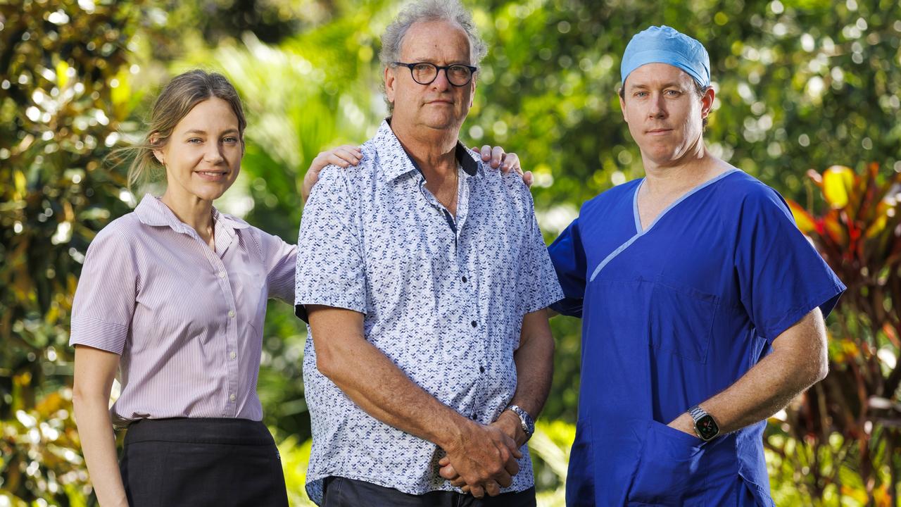 Breast cancer patient Ross Schumacher flanked by clinical nurse consultant Ash Mondolo and surgeon Dr Ben Lancashire