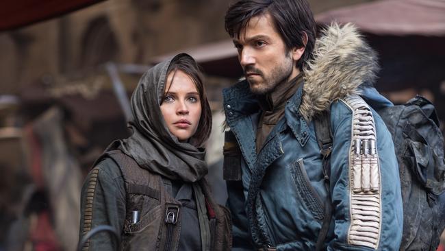 Jyn Erso (played by Felicity Jones) and Cassian Andor (Diego Luna) in a scene from Rogue One: A Star Wars Story. Picture: Lucasfilm Entertainment