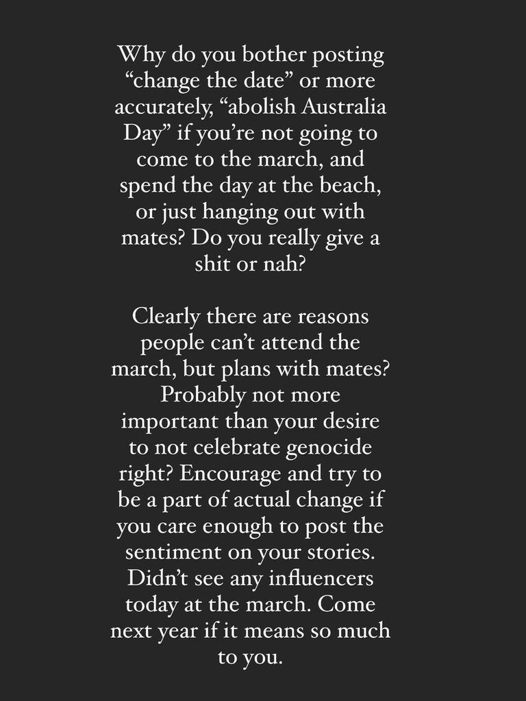 She condemned the antics on a day our mourning for Indigenous people. Picture: Instagram/AbbieChatfield