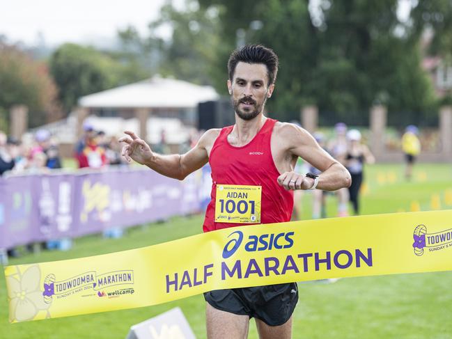 Aidan Hobbs wins the half marathon of the Toowoomba Marathon event, Sunday, May 5, 2024. Picture: Kevin Farmer