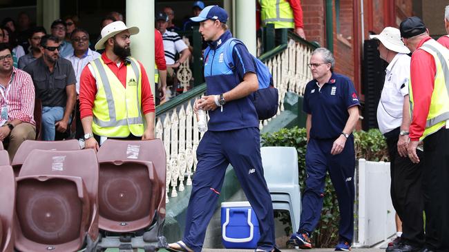 Joe Root arrives at the ground after suffering dehydration during day 5 of the 5th Ashes Test between Australia and England at the SCG. Picture: Brett Costello