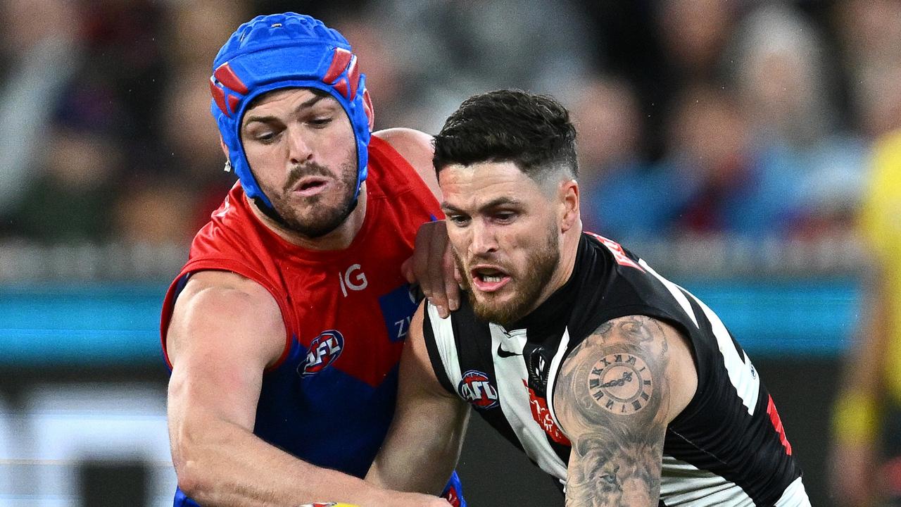 Angus Brayshaw of the Demons spoils a mark by Jack Crisp of the Magpies during the AFL First Qualifying Final match between Collingwood Magpies and Melbourne Demons at Melbourne Cricket Ground, on September 07, 2023, in Melbourne, Australia. (Photo by Quinn Rooney/Getty Images)