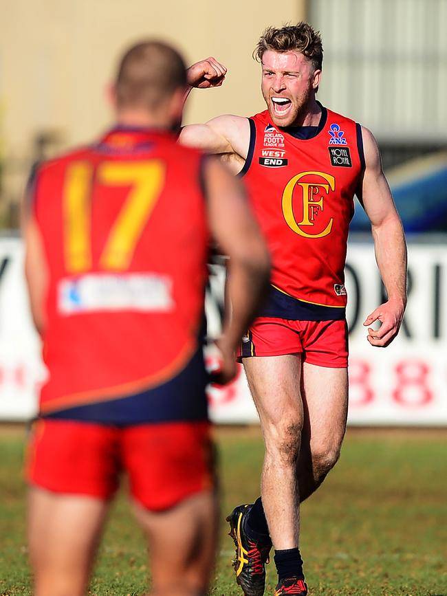 Flinders Park’s Daniel Blythe starred for the Reds with four goals in his side’s preliminary final win against North Haven. Picture: Mark Brake