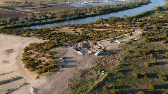 Drone shots of the Ponde property owned by the Hells Angels, as police scoured it for evidence in a murder investigation in 2019. Picture: Nine News