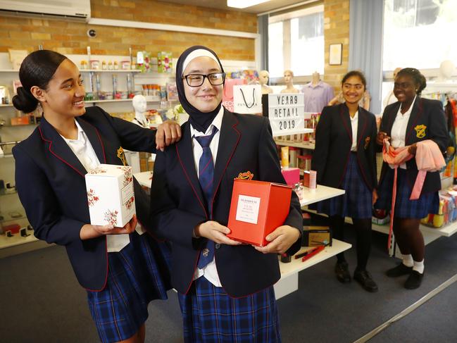 SUNDAY TELEGRAPH - 31/10/19Year 9 students from Liverpool Girls High School pictured in the "retail classroom" where they can learn essential career skills for life after the HSC. L to R, Rosie Tupou, Aieshah Masri, Lilymaria Thomas and Princella Asiedua. (reporter to call Linda Jurcevic on 96020083). Picture: Sam Ruttyn