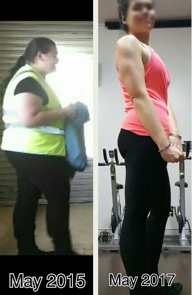Mele, left, at her heaviest. And Mele today, at 70kg.