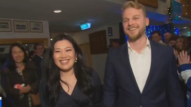 Ms Werner and her husband following a commanding by-election win. Picture: SkyNews