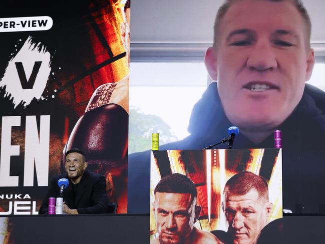 SYDNEY, AUSTRALIA - MAY 20: Sonny Bill Williams looks on as a video by Paul Gallen is played during a Stan Sport Media Opportunity at Liberty Hall on May 20, 2025 in Sydney, Australia. (Photo by Darrian Traynor/Getty Images)
