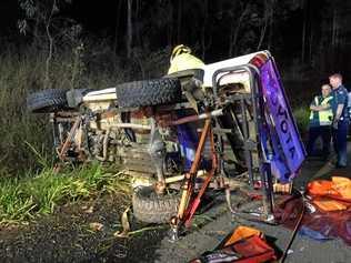 CAR ROLLOVER: Scene from the serious crash at Beerburrum overnight where a teenage driver was trapped behind the wheel. Picture: Queensland Police Service