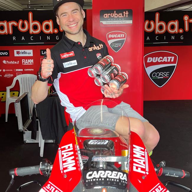 World Superbike champion Alvaro Bautista with the Grand Ridge Brewery pilsner.