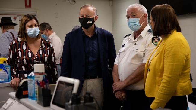 Labor Eden-Monaro MP Kristy McBain, with Labor leader Anthony Albanese, RFS district manager for the far south coast Angus Barnes and Gilmore MP Fiona Phillips.