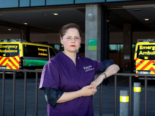 Australian Nursing and Midwifery Federation(SA Branch) CEO/Secretary Adj Assoc Prof Elizabeth Dabars AM at RAH (Royal Adelaide Hospital) speaking about issues with treating patients during ramping. Picture: DYLAN COKER