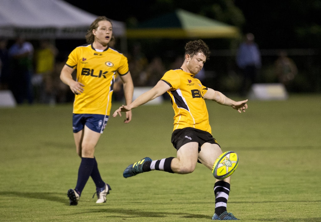 David West kicks for the Brahmans. Rugby Union, Cattleman's Cup, Darling Downs vs Central Qld Brahmans. Saturday, 3rd Mar, 2018. Picture: Nev Madsen