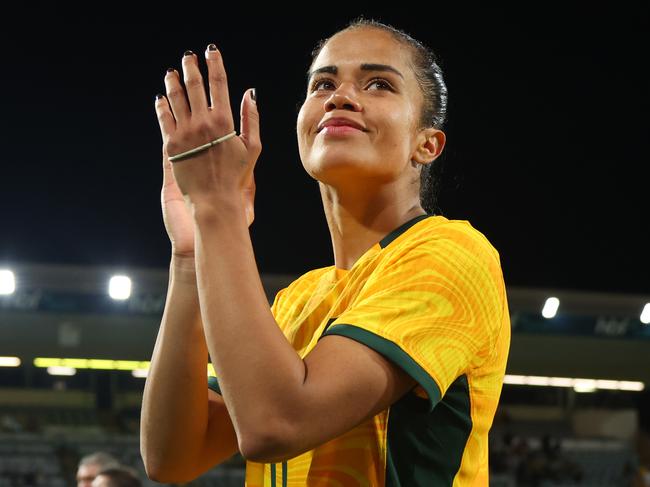 PERTH, AUSTRALIA - NOVEMBER 01: Mary Fowler of the Matildas acknowledges the crowd after the win during the AFC Women's Asian Olympic Qualifier match between Australia Matildas and Chinese Taipei at HBF Park on November 01, 2023 in Perth, Australia. (Photo by James Worsfold/Getty Images)