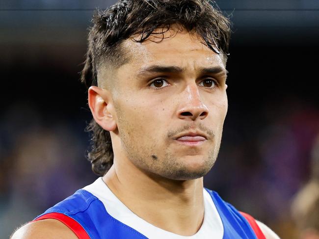 MELBOURNE, AUSTRALIA - SEPTEMBER 06: Jamarra Ugle-Hagan of the Bulldogs looks dejected after a loss during the 2024 AFL Second Elimination Final match between the Western Bulldogs and the Hawthorn Hawks at The Melbourne Cricket Ground on September 06, 2024 in Melbourne, Australia. (Photo by Dylan Burns/AFL Photos via Getty Images)