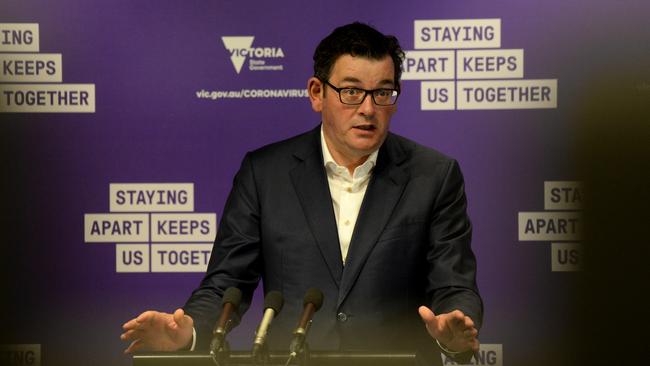 Victorian Premier Daniel Andrews comes out each day, gaunt and morose like a funeral ­director, but never wearing a tie, and he lists the daily death toll. Picture: NCA NewsWire / Andrew Henshaw