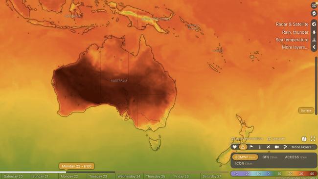 Forecast maximum temperatures on Tuesday. Picture: Windy.