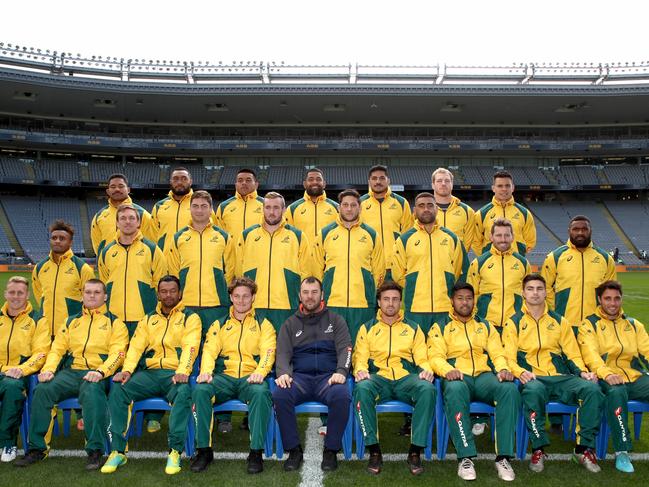 The Walalbies pose for their official team photo at Eden Park in Auckland on Friday ahead of Saturday’s second Bledisloe Cup Test. Picture: Getty Images