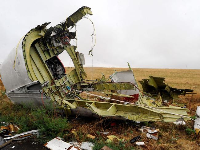 A part of the Malaysia Airlines Flight MH17 at the crash site in the village of Hrabove (Grabovo), some 80km east of Donetsk. Picture: AFP