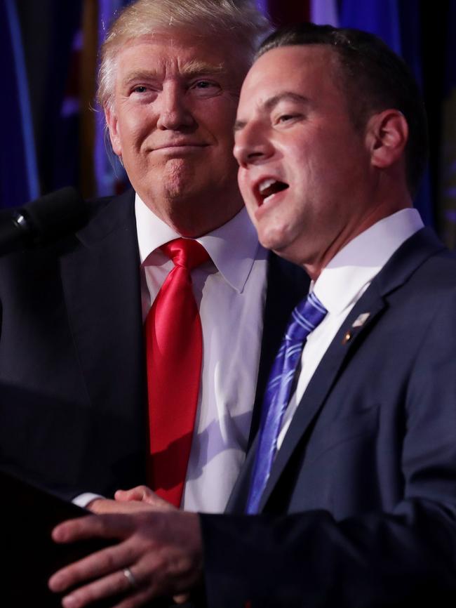 Reince Priebus, chairman of the Republican National Committee, intorudces Mr Trump on election night. Picture: Getty Images